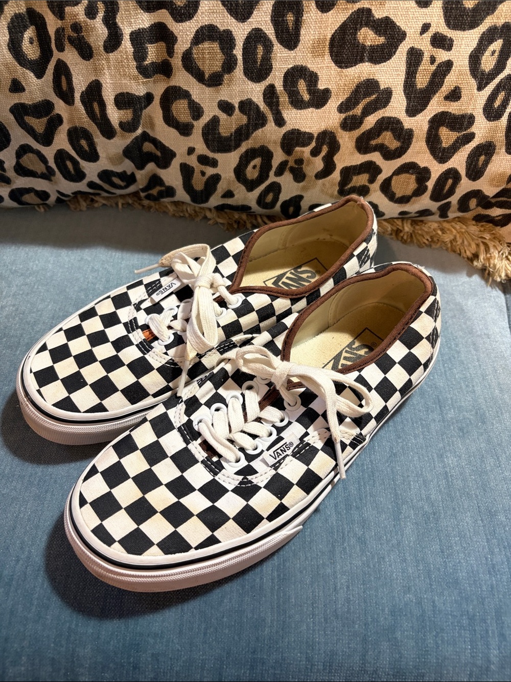 Vans Checkerboard Low-Top Sneakers - Black & White with Brown Trim